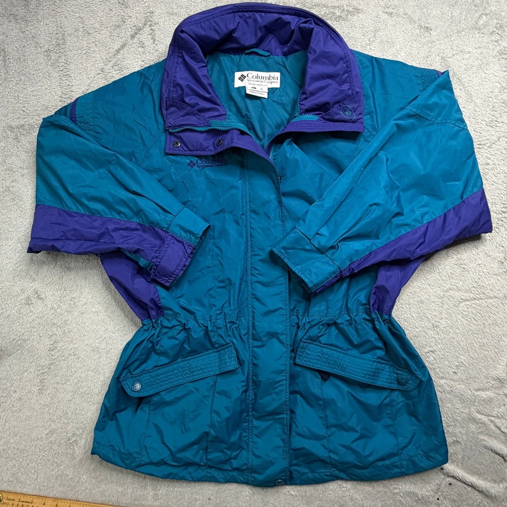 Vintage Columbia Gizzmo Jacket Womens XL Teal Purple Colorblock Nylon Shell 7550